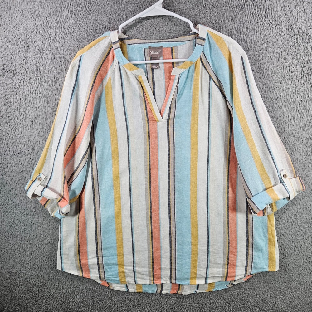 Chicos Linen Blend Striped V-Neck Blouse Multi-Color 3/4 Sleeve Top Size 3 XL